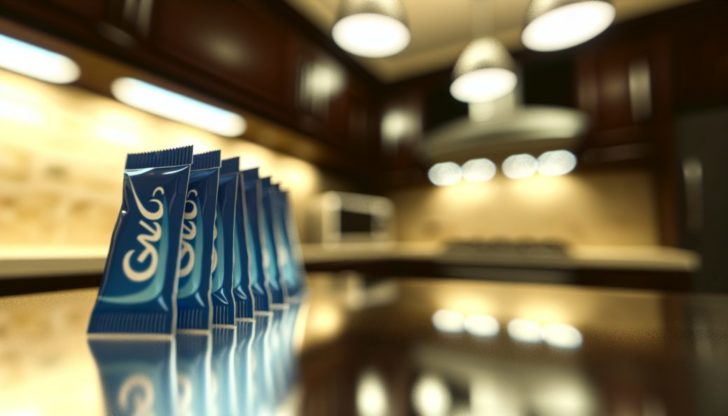 Equal sweetener packets on a kitchen counter