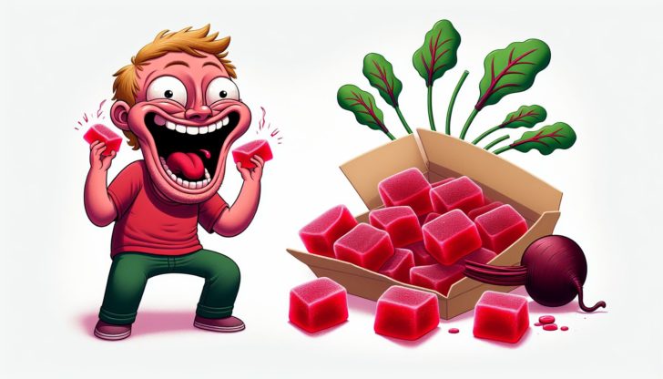Humorous illustration of a person enjoying beet gummies without a bitter aftertaste