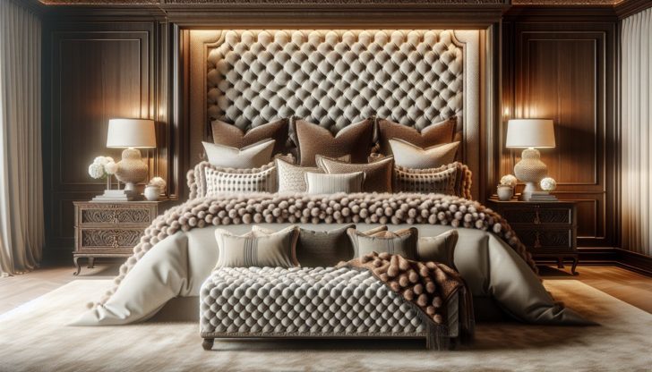 A luxurious boucle bed with pillows and a headboard