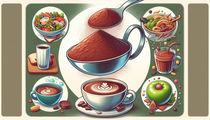 Illustration of a rounded tablespoon of beef liver powder being mixed with various meals and drinks