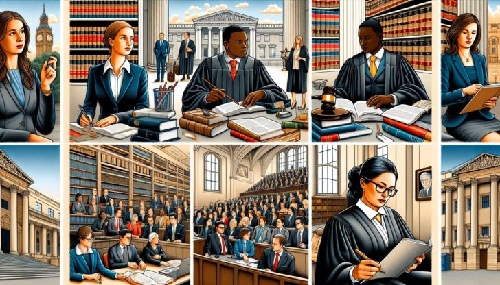 Illustration of diverse career paths for law graduates including roles as lawyers, judges, legal consultants, and academia