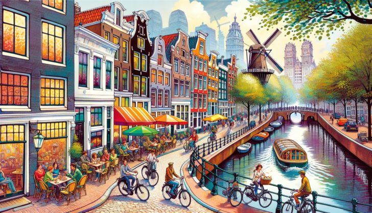 Illustration of the bustling streets of Amsterdam, the capital city of the Netherlands