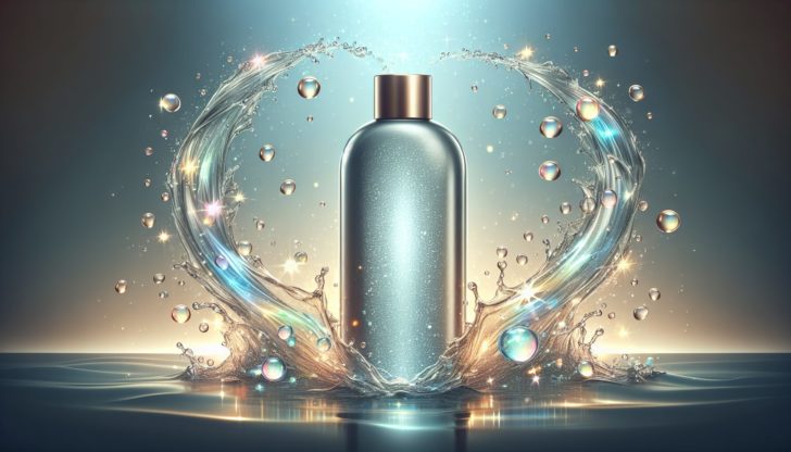 Bottle of hyaluronic acid shampoo surrounded by water droplets