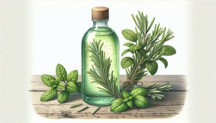 Bottle of rosemary mint shampoo and a sprig of rosemary