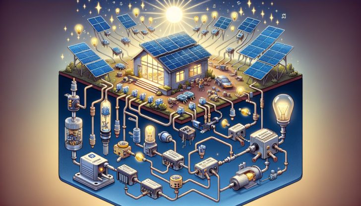 Illustration of solar inverters converting DC electricity from solar panels into usable AC electricity