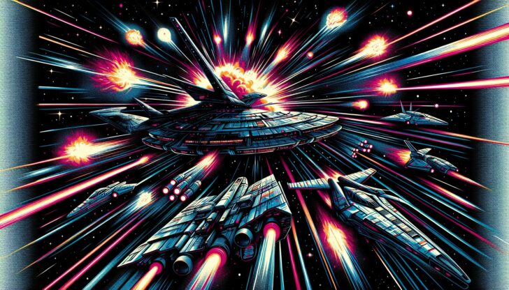 Illustration of a space battle with starships and laser beams, reminiscent of iconic sci-fi films