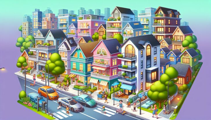 Cartoon illustration of a diverse neighborhood with various types of rental properties