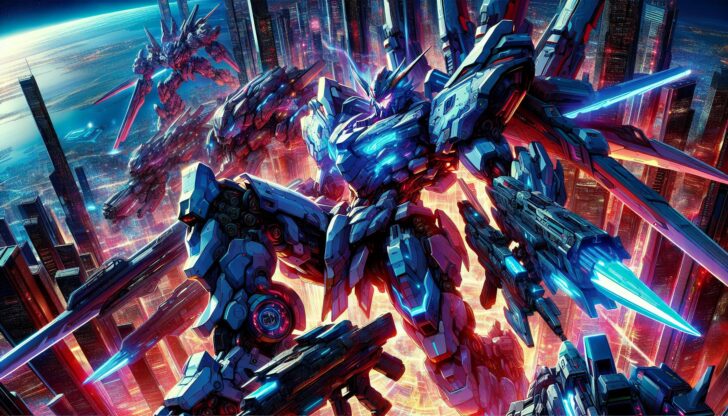 A vibrant and dynamic illustration of giant robots in a futuristic battle scene, representing the mecha anime genre.