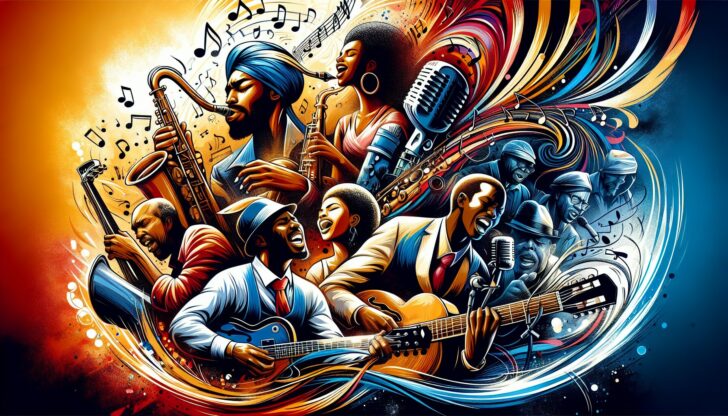 Illustration of a diverse group of musicians playing various instruments