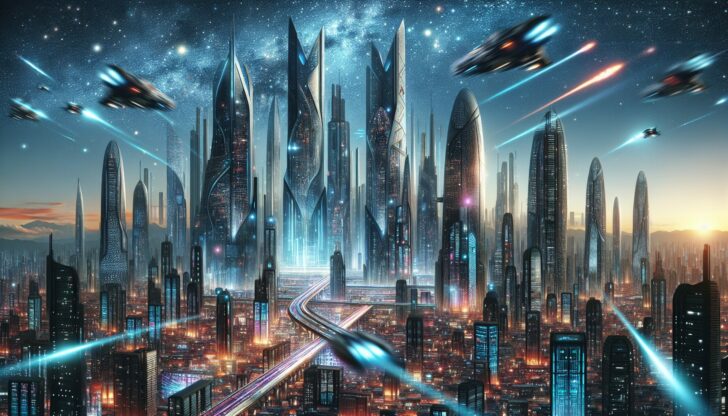 Illustration of a futuristic cityscape with flying vehicles and advanced technology