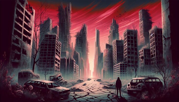 Creative illustration of a post-apocalyptic cityscape with remnants of civilization