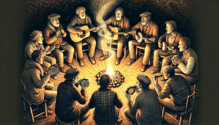 Illustration of a group of people singing and playing folk instruments