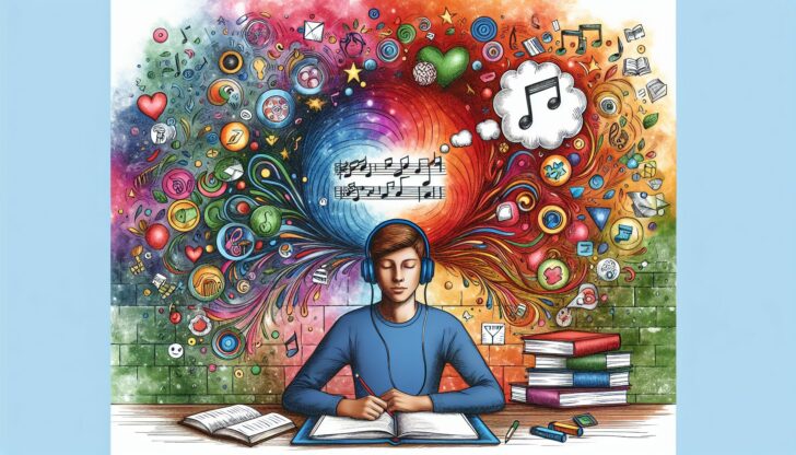 An illustration showcasing the benefits of listening to music while studying.