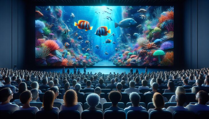 Artistic representation of visitors enjoying an educational film at the IMAX Theater