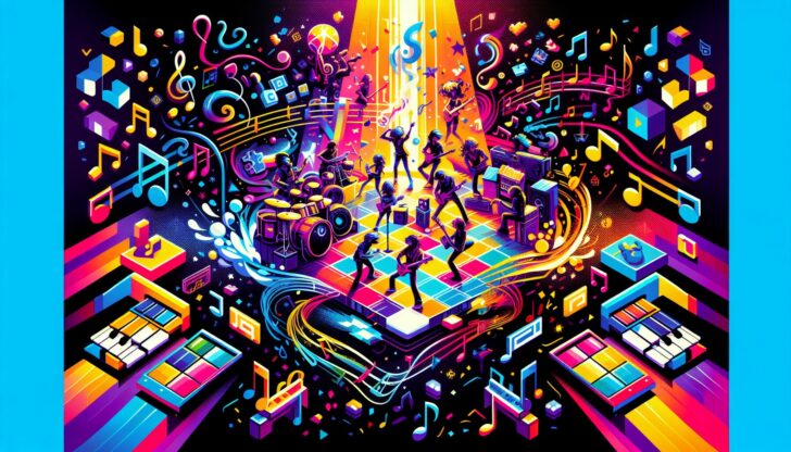 Various music games displayed on colorful background