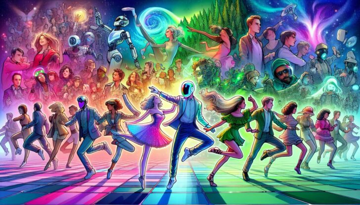 Colorful illustration of diverse characters dancing in unique universes