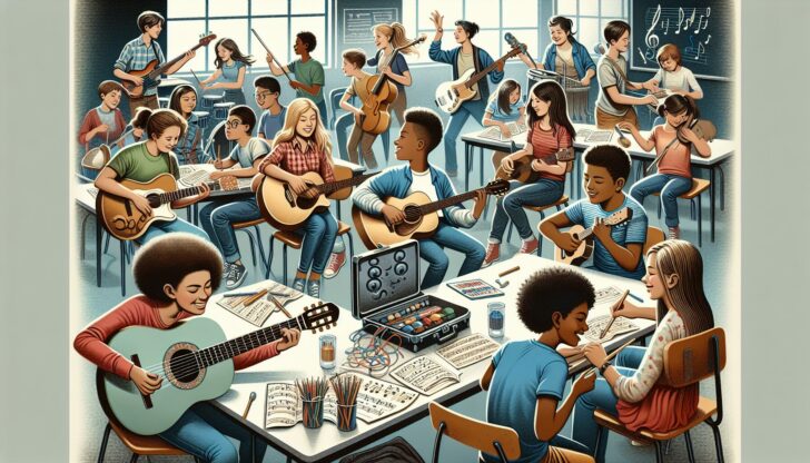 Illustration of students participating in music-based learning activities