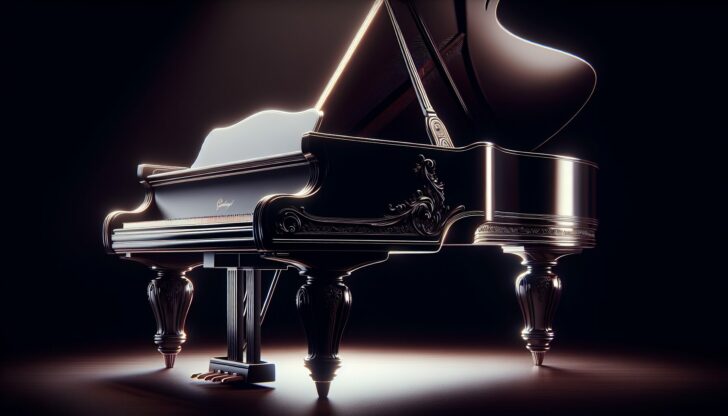 A grand piano in a polished ebony finish