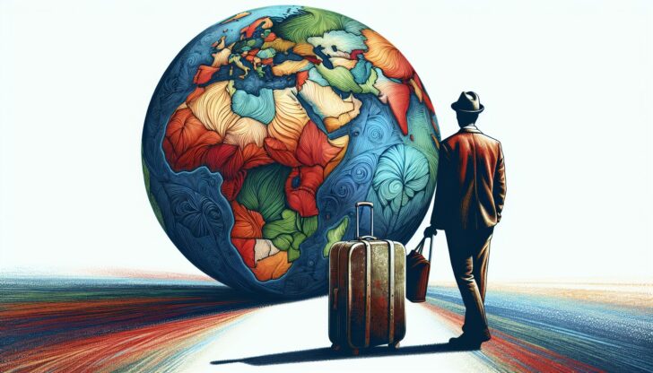 Illustration of a person with a suitcase standing in front of a globe