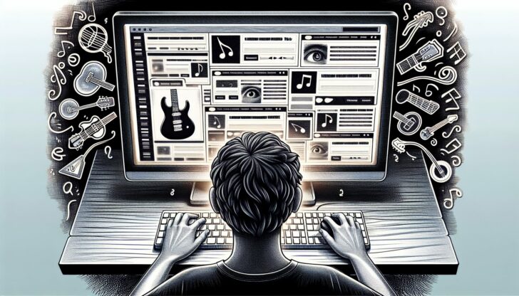 Illustration of a person browsing guitar music tabs online