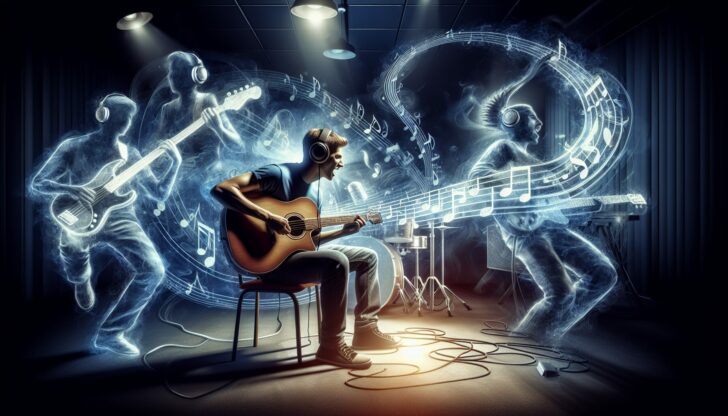 Illustration of a person playing guitar with backing tracks