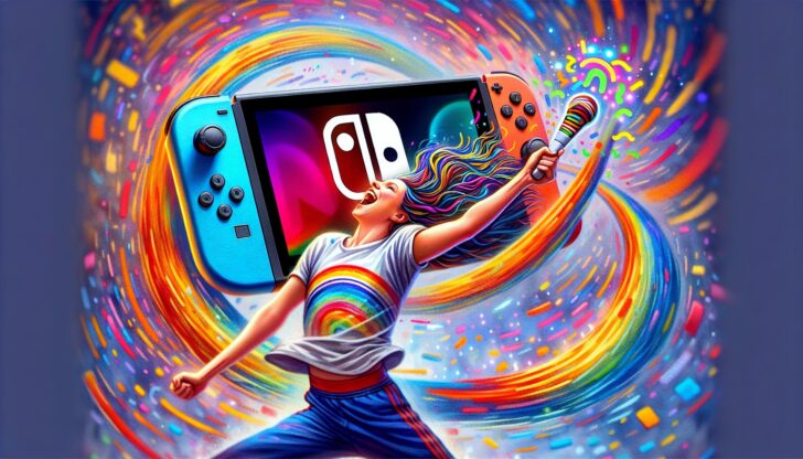 Playful illustration of a person dancing with a Nintendo Switch console and the Just Dance logo