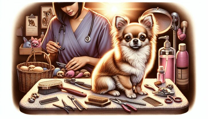 An illustration depicting a chihuahua receiving care, highlighting health and grooming.