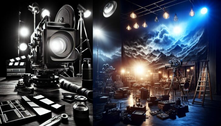 Artistic representation of a film set with cinematography equipment