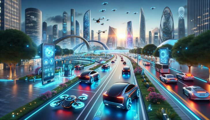 A futuristic illustration representing the future trends in Silicon Valley, including AI and autonomous vehicles.