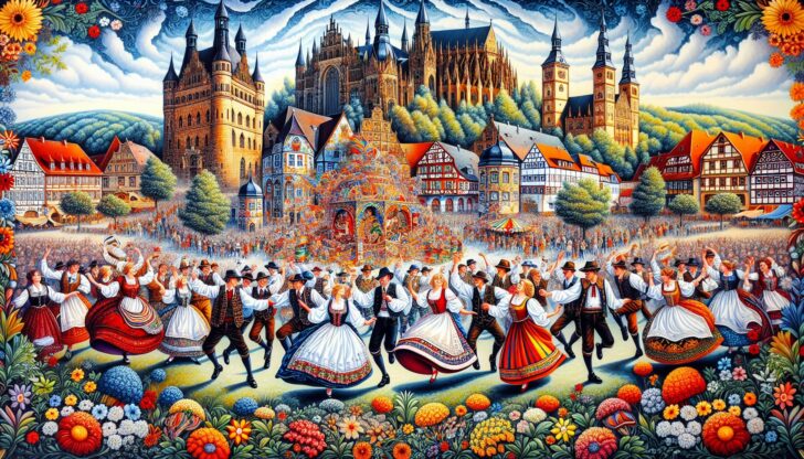 An illustration showcasing the rich cultural heritage of Saxony Anhalt, including traditional festivals.