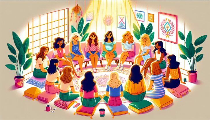 An illustration depicting sorority life, showcasing a group of diverse college women engaged in a sorority meeting.