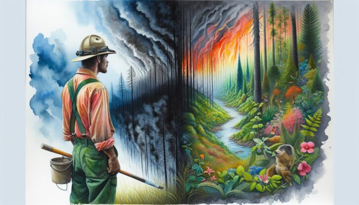 An illustration highlighting the challenges and rewards of being a forester.