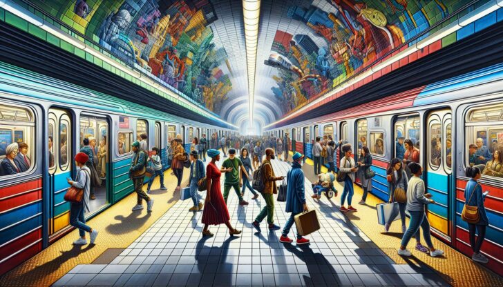 A colorful illustration of a subway station, a vital part of navigating city life in New York City.