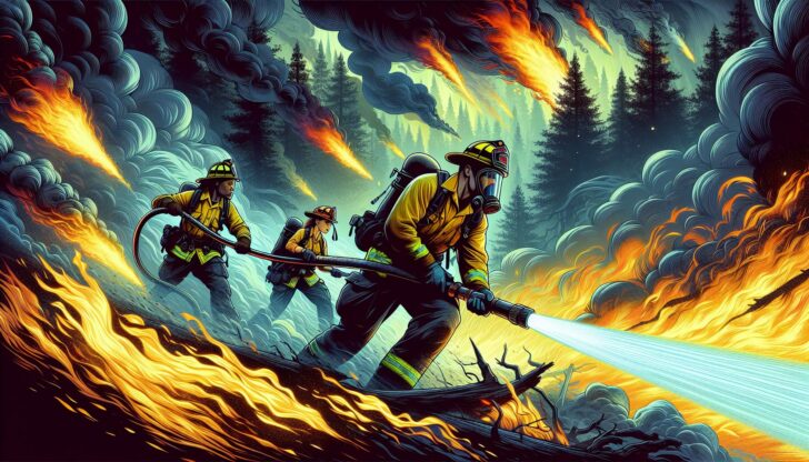 Illustration of wildland firefighters in action suppressing a forest fire.