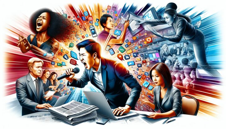 An illustration depicting the concept of public relations, showcasing various PR professionals engaging with different media channels.