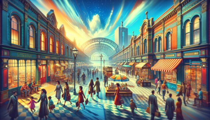 An illustration depicting Melbourne Central, showcasing its vibrant shopping atmosphere.