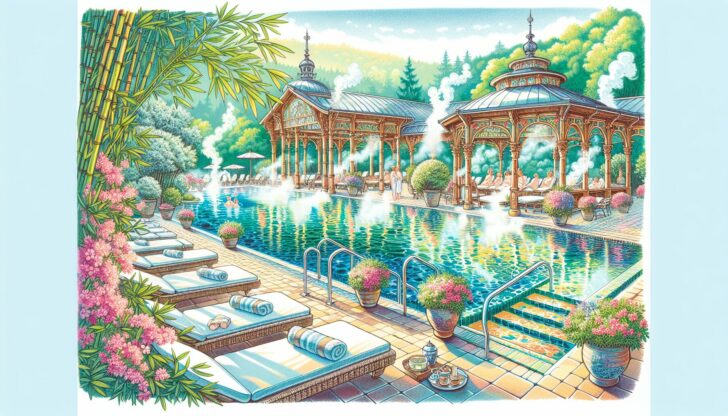 An illustration of Baden-Baden's spa culture showcasing various spa facilities.