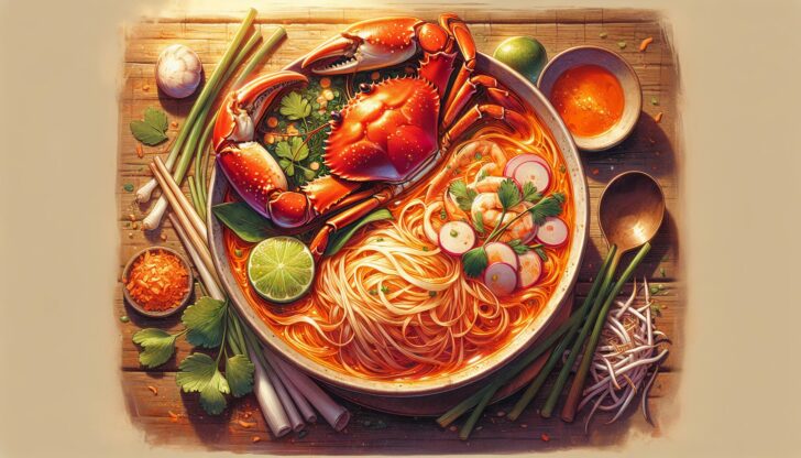 A bowl of bun rieu, a crab noodle soup garnished with fresh herbs and vegetables.