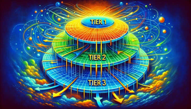 An illustration depicting the three tiers of internet service providers, showcasing tier 1, tier 2, and tier 3 ISPs.