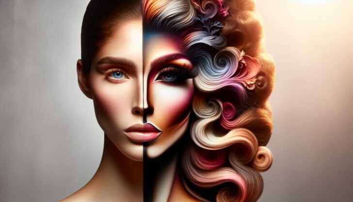 Artistic depiction of makeup and hairstyling transformation