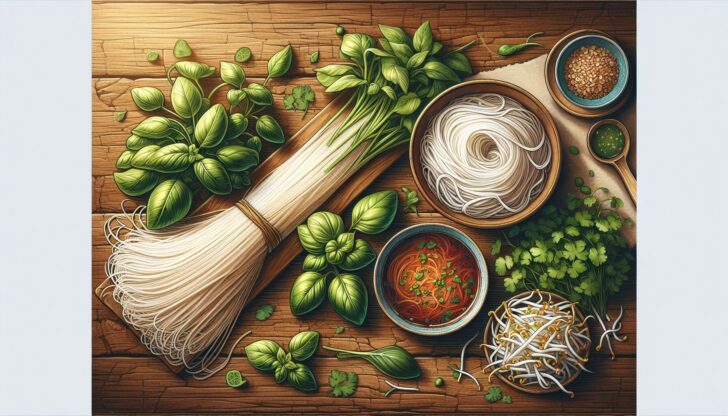 A colorful assortment of essential ingredients for pho, including herbs, noodles, and sauces.