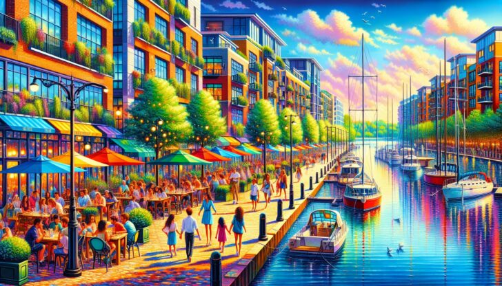 An illustration of The District Docklands, capturing its waterfront shopping experience.