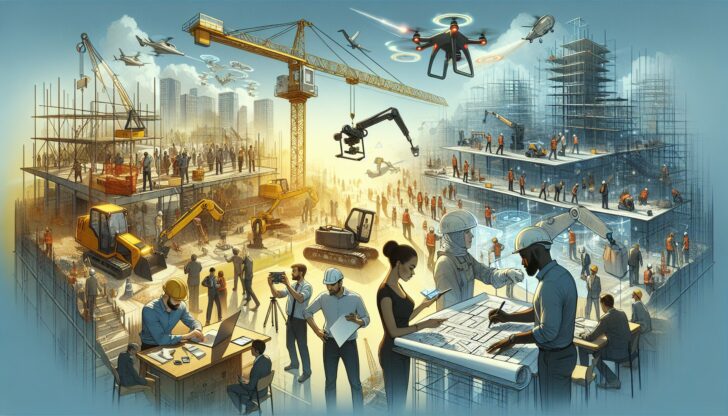 An illustration depicting big construction companies overcoming industry challenges, with various construction scenes in the background.