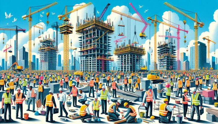 An illustration representing the top 15 big construction companies in 2024, showcasing various construction projects.