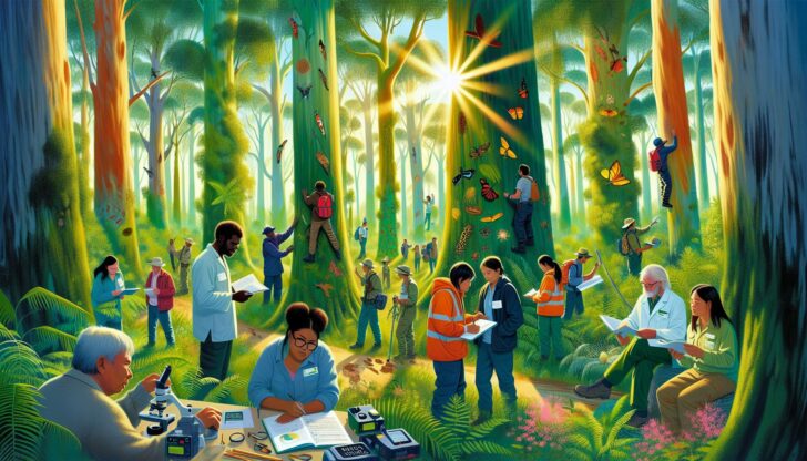 Illustration of various forestry professionals working in a forest.