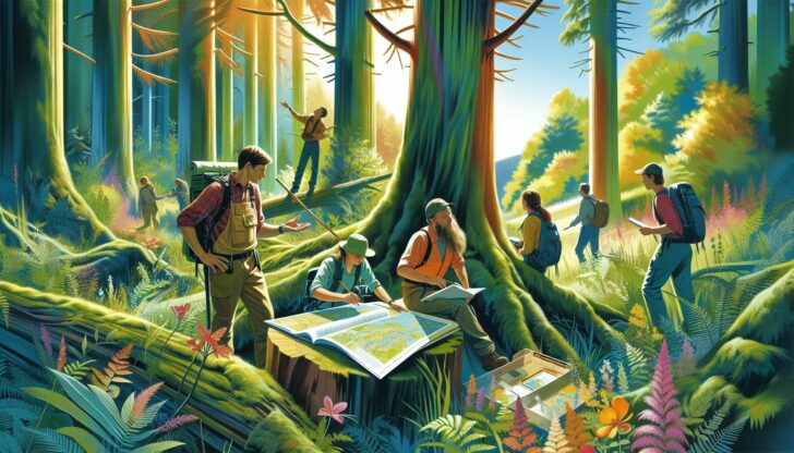 An illustration depicting forestry professionals engaged in various activities related to forests and trees, highlighting forestry careers.