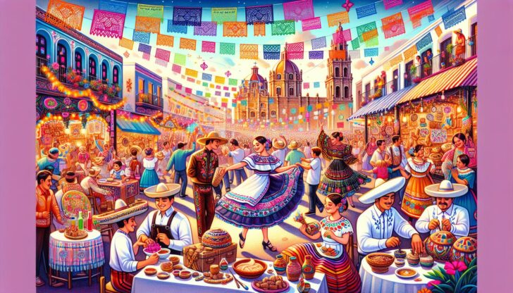 An illustration depicting cultural experiences in Chihuahua City, featuring local festivals and arts and crafts.