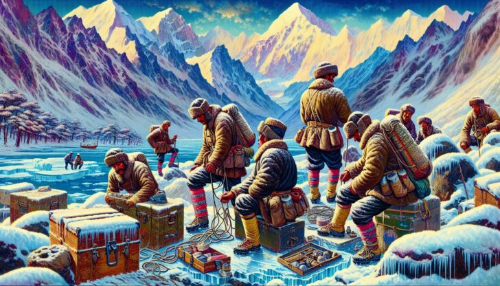 An illustration depicting the early days of Himalayan mountaineering, showcasing climbers preparing for an expedition.