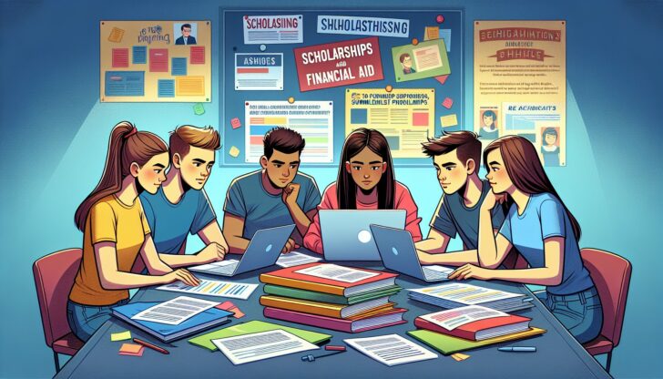 An illustration depicting high school students exploring scholarships and financial aid for summer programs.