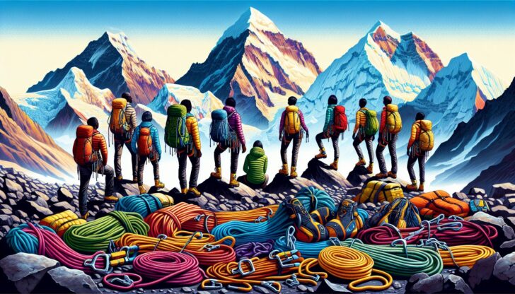 An illustration depicting climbers preparing for the challenge of climbing the seven summits.